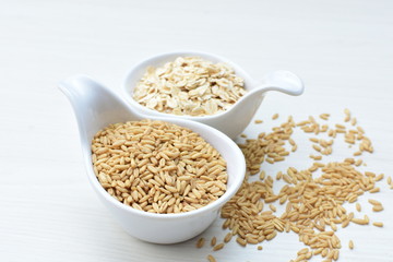 Oat grains and flakes in containers for display