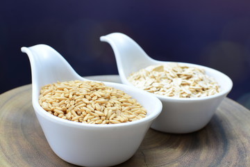 Oat grains and flakes in containers for display