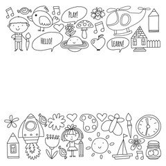Vector pattern with little children. Kindergarten, play and grow together. Icons of toys and kids in doodle style
