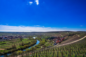 View over the idyllic Main Valley, the vineyards, the Main Loop at the town of Volkach; germany