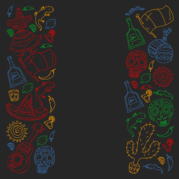 Travel to Mexico. Vector set with ethnic elemets for wallpapers, backgrounds. Day of the Dead