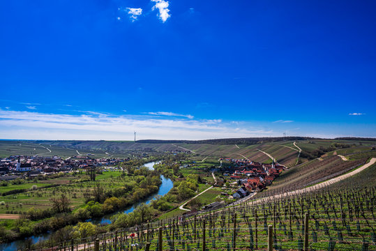 View over the idyllic Main Valley, the vineyards, the Main Loop at the town of Volkach; germany