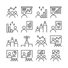 Team Work line icons set vector illustration. Business people, Cooperation, Collaboration, Team Meeting, Presentation, Mentoring, Career, Skill, Training. Pixel perfect. Editable Stroke.