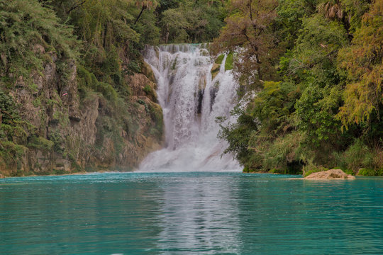 Panoramic beautiful deep forest waterfall in (EL SALTO-EL MECO) san luis potosi México,