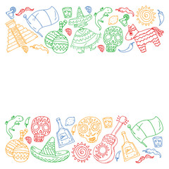Travel to Mexico. Vector set with ethnic elemets for wallpapers, backgrounds. Day of the Dead. Sugar skull.