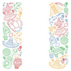 Travel to Mexico. Vector set with ethnic elemets for wallpapers, backgrounds. Day of the Dead. Sugar skull.