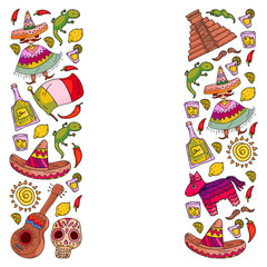 Travel to Mexico. Vector set with ethnic elemets for wallpapers, backgrounds. Day of the Dead. Sugar skull.