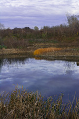 Small lake surrounded by vegetation in autumn colors. Shoot while searching for fishing grounds.