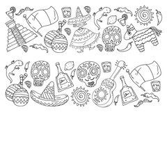 Travel to Mexico. Vector set with ethnic elemets for wallpapers, backgrounds. Day of the Dead. Sugar skull.