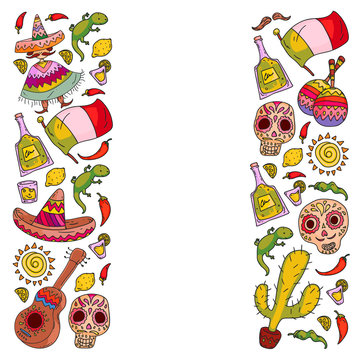 Travel to Mexico. Vector set with ethnic elemets for wallpapers, backgrounds. Day of the Dead. Sugar skull.