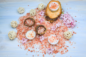 Himalayan salt  . pink salt background  . salt rejuvenates a body