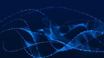 Abstract background with interweaving of colored lines and dots. Network connection structure. Big data visualization.