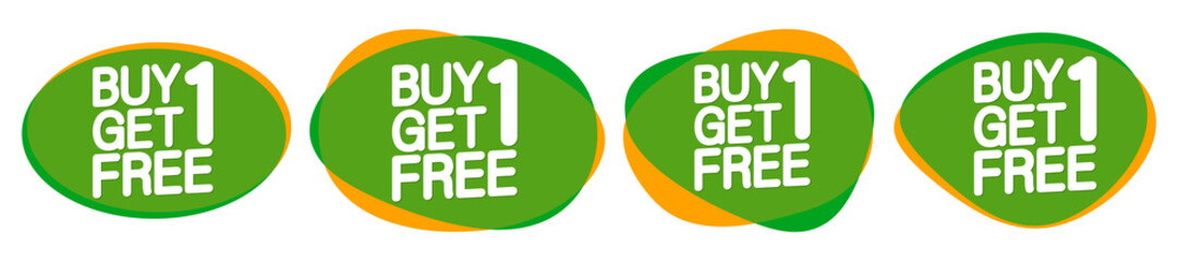 Buy 1 Get 1 Free, Set Sale bubble banners design template, discount tags, app icons, vector illustration