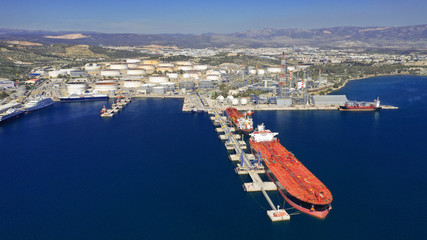 Fototapeta premium Aerial drone photo of industrial oil and gas refinery plant in Mediterranean destination