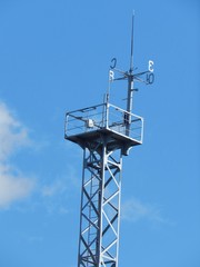 Tall tower with weather vane for meteorological observations.