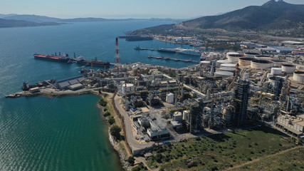 Fototapeta na wymiar Aerial drone panoramic photo of industrial area of Elefsina and Helenic Refinery and Petroleum plant, Attica, Greece