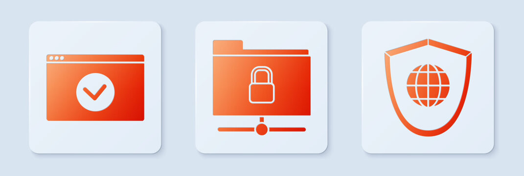 Set FTP folder and lock , Secure your site with HTTPS, SSL and Shield with world globe . White square button. Vector
