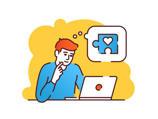 Young redheaded man sitting in front of a laptop and thinking about volunteering flat vector illustration. Online charity. Isolated cartoon character with speech bubble on a yellow background.