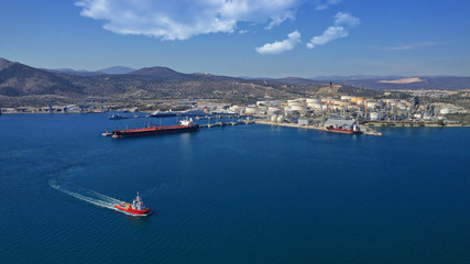 Fototapeta na wymiar Aerial drone panoramic photo of industrial area of Elefsina and Helenic Refinery and Petroleum plant, Attica, Greece