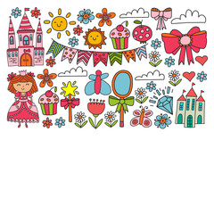 Vector pattern for little girls. Princess illustration for happy birthday party.