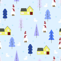 Obraz na płótnie Canvas Winter seamless pattern. Cute vector background with doodle rabbit, snowmen, snowflake and geometric house, fir trees. Cartoon illustration in scandinavian style. Color New year, Christmas wallpaper