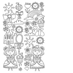 Vector pattern for little girls. Princess illustration for happy birthday party. Blackboard chalk illustration