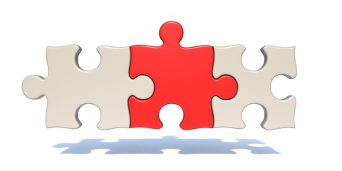 Three puzzle pieces middle one is red 3D