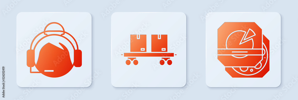 Poster set railway carriage , support operator in touch and pizza in cardboard box . white square button. v