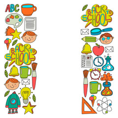 Vector pattern with back to school icons for posters, banners, covers. Kids, children education.