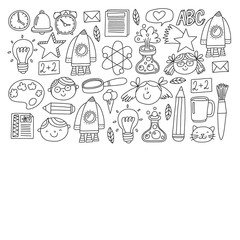 Vector pattern with back to school icons for posters, banners, covers. Kids, children education.