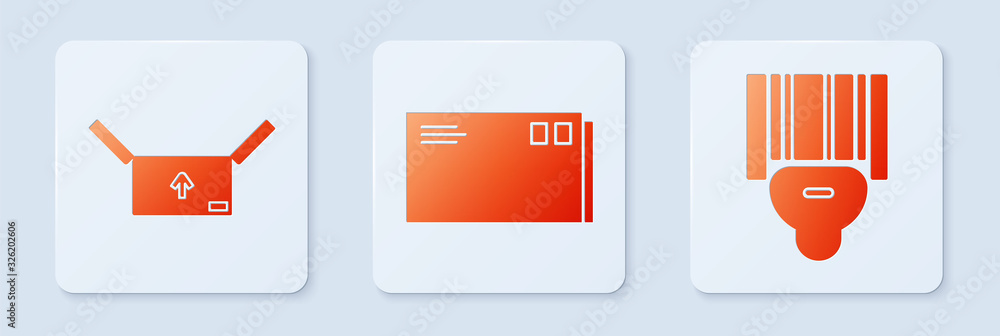Fototapete set envelope , cardboard box with traffic symbol and scanner scanning bar code . white square button