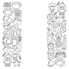 Vector pattern with back to school icons for posters, banners, covers. Kids, children education.