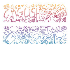 English courses. Doodle vector concept illustration of learning english language.