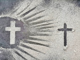 Ash Wednesday. Ash and christian cross symbol as a religion concept. Top view. 