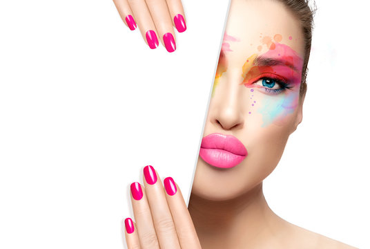 Beauty and Makeup Concept. Beauty Model Face with Pink Nail Art and Colorful Make-up. Template Design