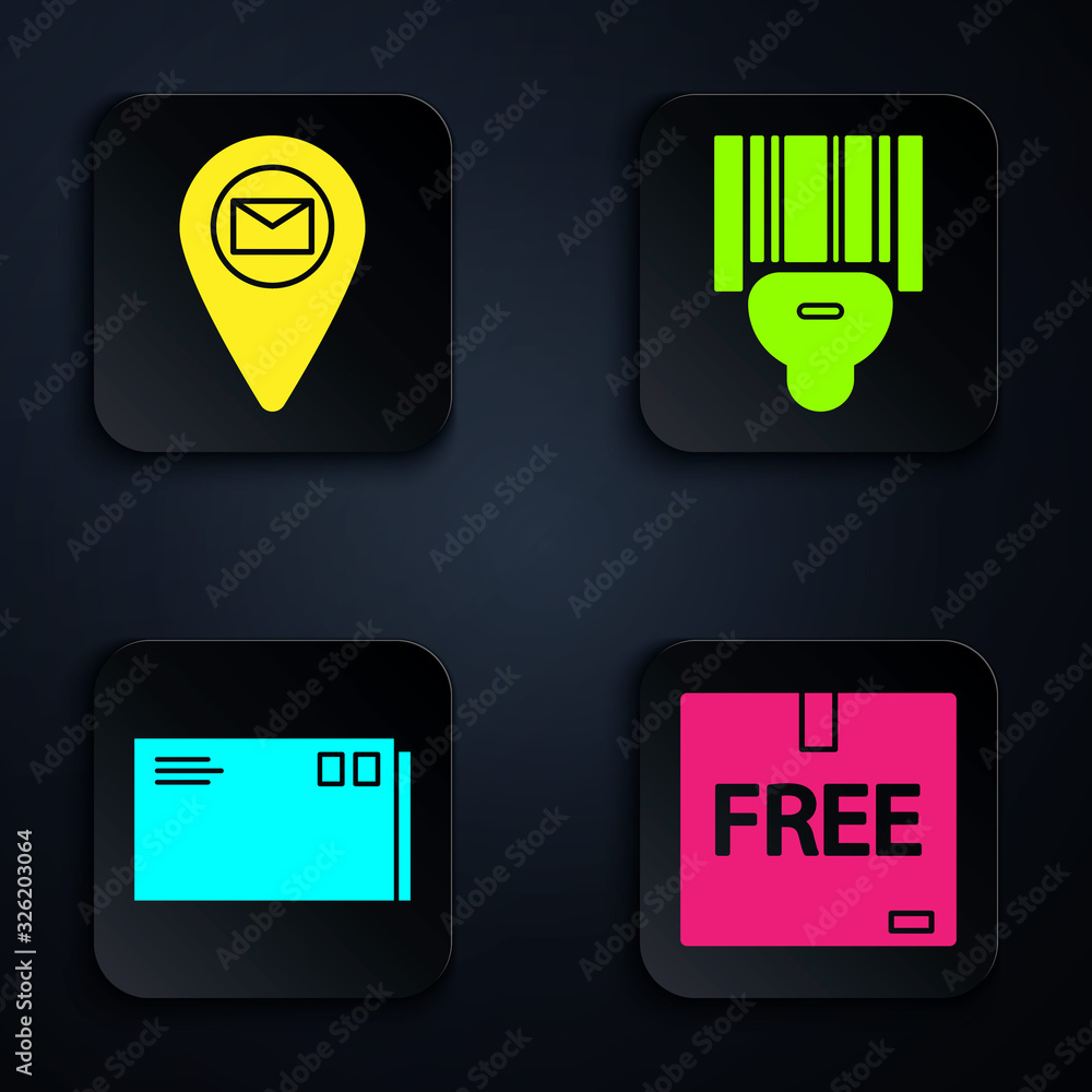 Poster set cardboard box with free symbol , placeholder on map paper, envelope and scanner scanning bar cod