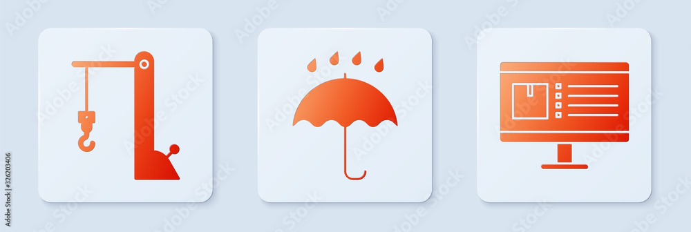 Poster set umbrella and rain drops , harbor port crane and computer monitor with app delivery tracking . wh