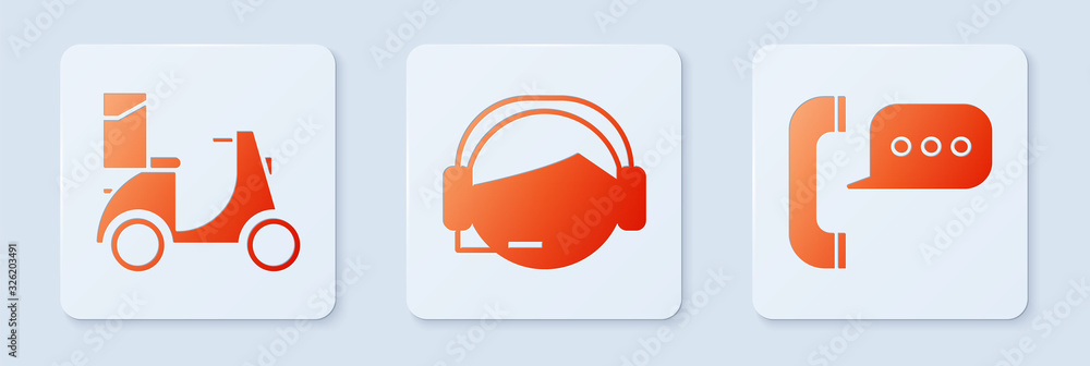Poster set support operator in touch, scooter delivery and telephone with speech bubble chat . white square