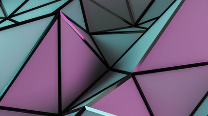 Glowing geometric triangular structure with neon pink and blue lighting wire mesh, modern futuristic background wallpaper 3d render illustration