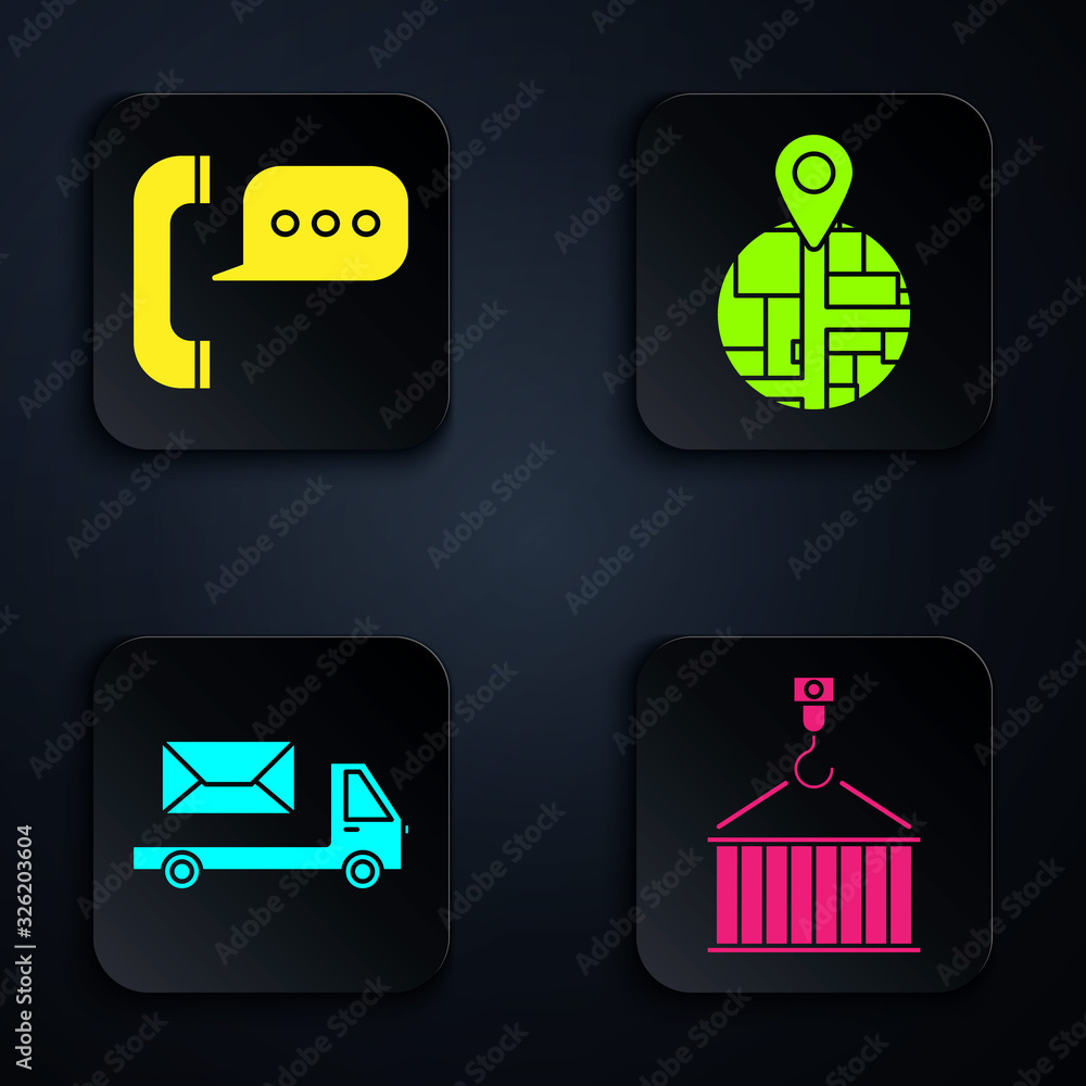 Poster set container on crane, telephone with speech bubble chat , post truck and placeholder on map paper 