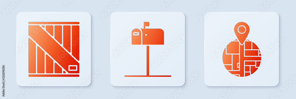 Poster set open mail box , wooden box and placeholder on map paper in perspective . white square button. ve