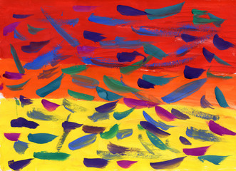 Children's drawing with watercolor paints. Cold strokes on a warm background