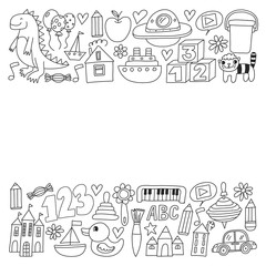Kindergarten preschool school children. Kids drawing style vector pattern. Play grow learn together.