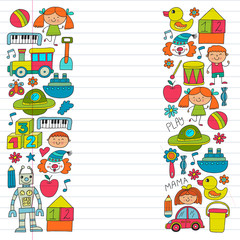 Kindergarten preschool school children. Kids drawing style vector pattern. Play grow learn together.