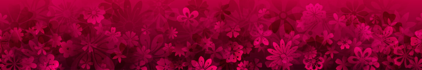 Spring banner of various flowers in crimson colors with seamless horizontal repetition