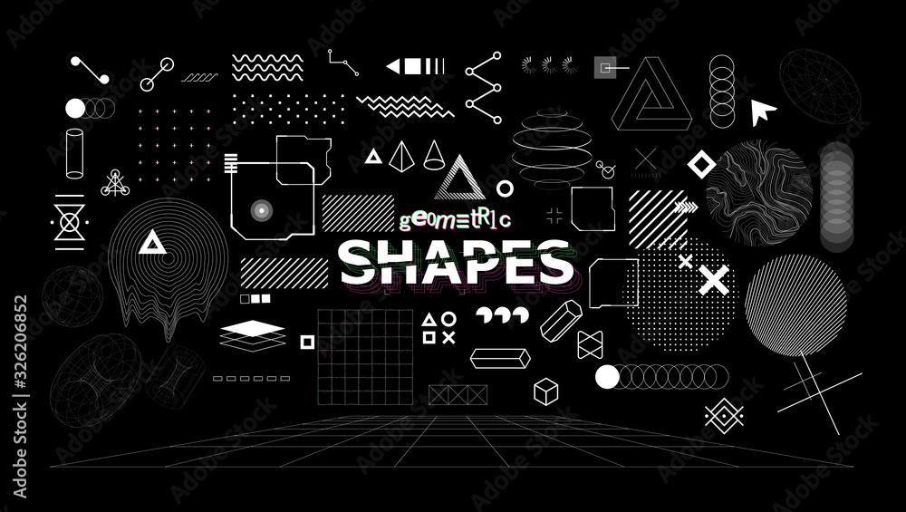 Aufkleber Stylish geometric shapes. Neo memphis design elements for t-shirt and merch print. Abstract collection elements of different shapes and types. Vaporwave style, universal geometric pattern. Vector