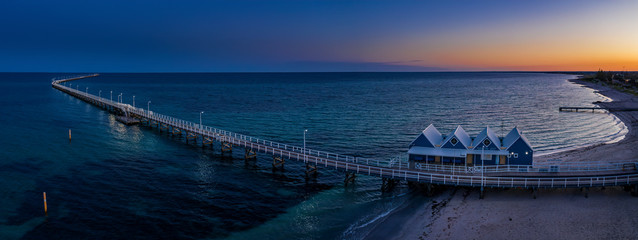 Panoramic aerial dawn view of the iconic Busselton Jetty, located 220 km south west of Perth,...