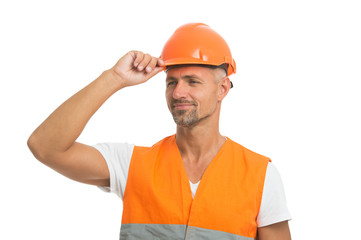 Everything is under control. Safety concept. Man wear protective hard hat and uniform. Cheerful builder. Protective equipment concept. Handsome builder. Inspector control. Architect control