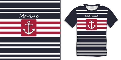 Print on t-shirt graphics design, anchor icon chalky, sailor stripes, t shirt marine striped background vector © Monika Huňáčková