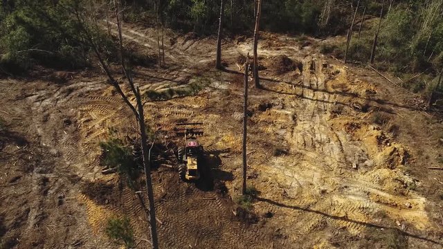 Aerial view of a root rake moving dead trees and roots into a pile